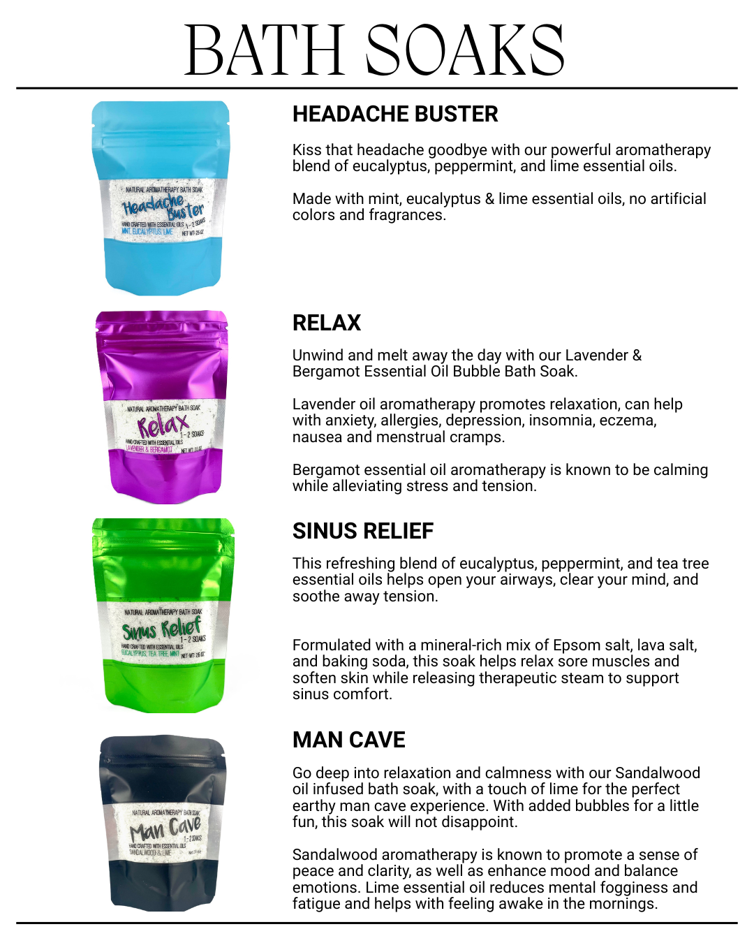 Promotional image of bath soak packages with product descriptions on a white background.