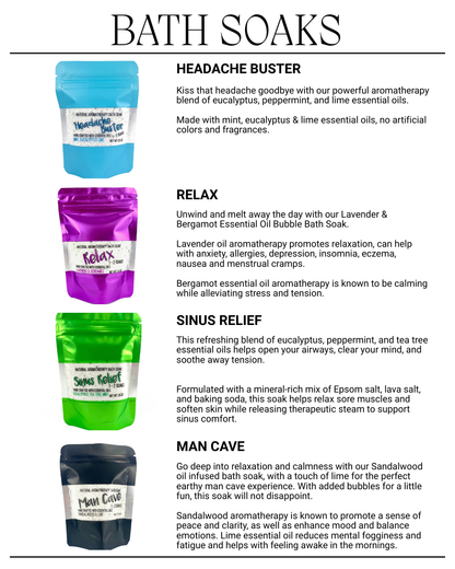 Promotional image of bath soak packages with product descriptions on a white background.