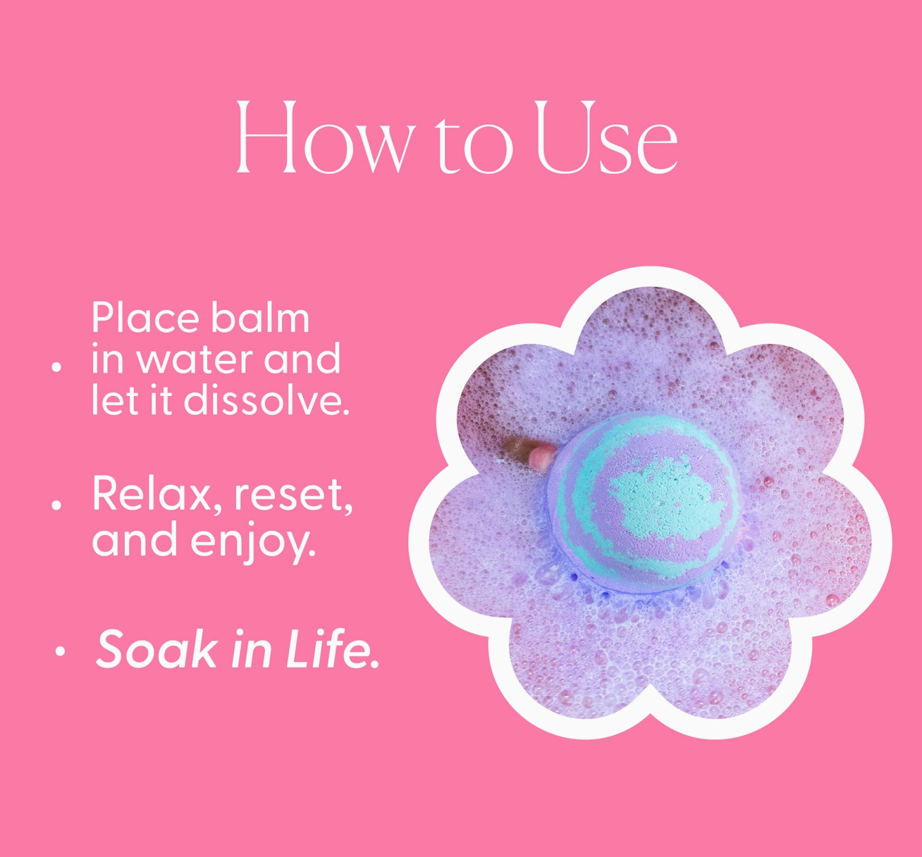 Bath bomb with text on how to use it on a pink background