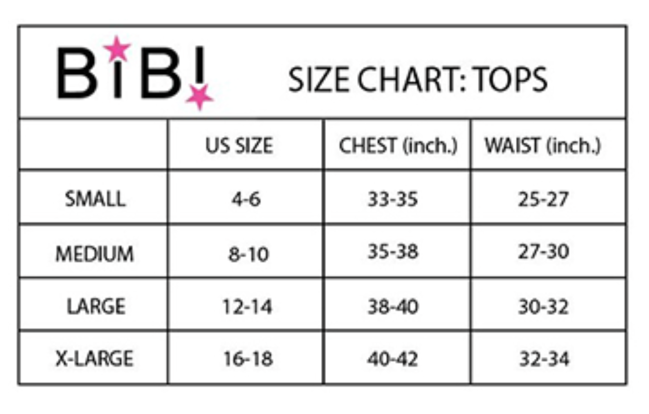Size chart for tops by Bibi with US size, chest, and waist measurements.