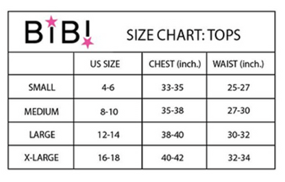 Size chart for tops by Bibi with US size, chest, and waist measurements.