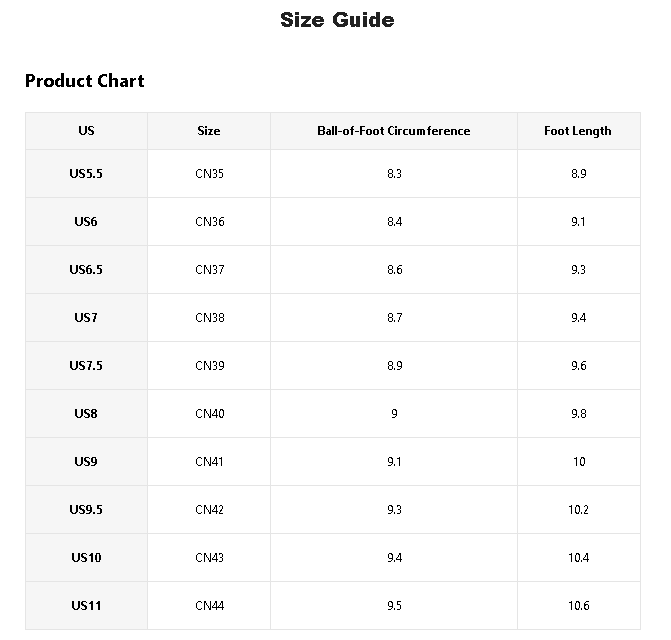 A size guide product chart table showing US sizes from US5.5 to US11, with corresponding CN numbers, ball-of-foot circumference in centimeters, and foot length in centimeters on a white background.