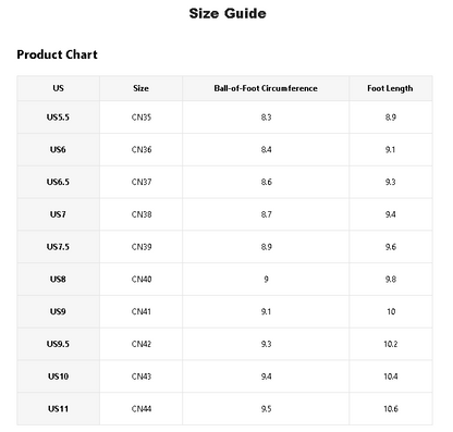 A size guide product chart table showing US sizes from US5.5 to US11, with corresponding CN numbers, ball-of-foot circumference in centimeters, and foot length in centimeters on a white background.