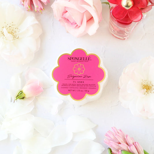 Spongelle product with flowers on a light background