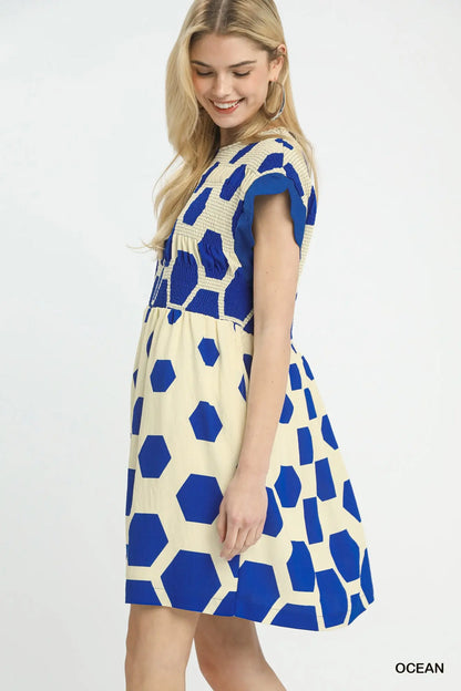 Atlas Geometric Smocked Yoke Dress