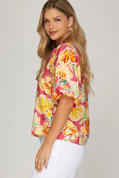 Kendall V-Neck Floral Print Top-Pink