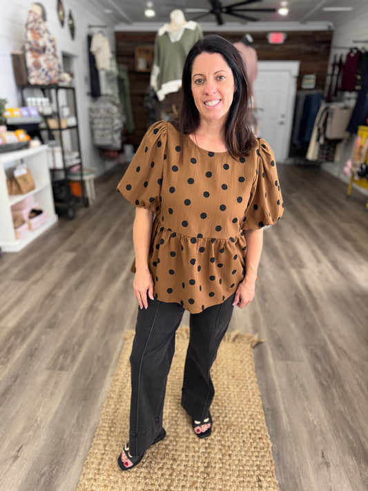Kendall Polka Dot Puff Sleeve Top-Mocha