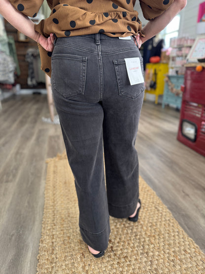 High Rise Patch Pocket Black Pintuck Wide Leg