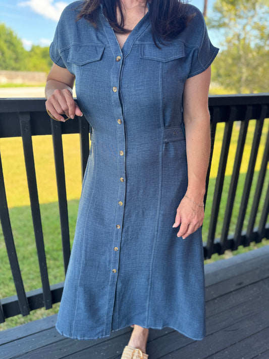Ellie Contrast Stitch Collared Midi Dress-Denim