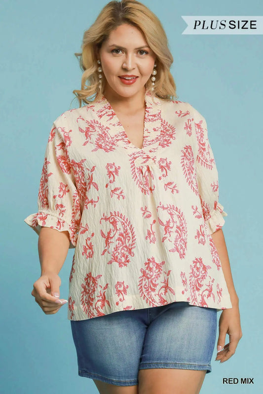Sarah Paisley Print V-Neck Top-Red