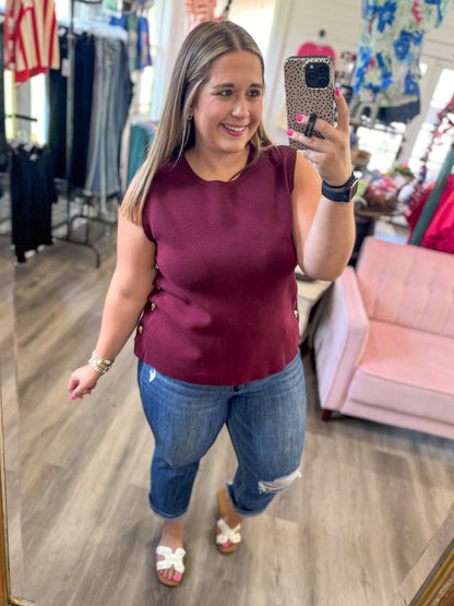Camille Side Button Detail Knit Sweater-Wine