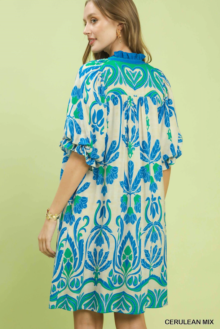 Cathy Boho Smocked Neck Contrast Trim Dress