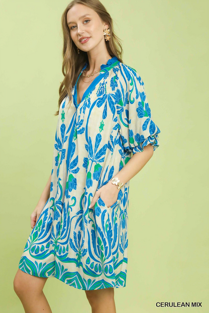 Cathy Boho Smocked Neck Contrast Trim Dress