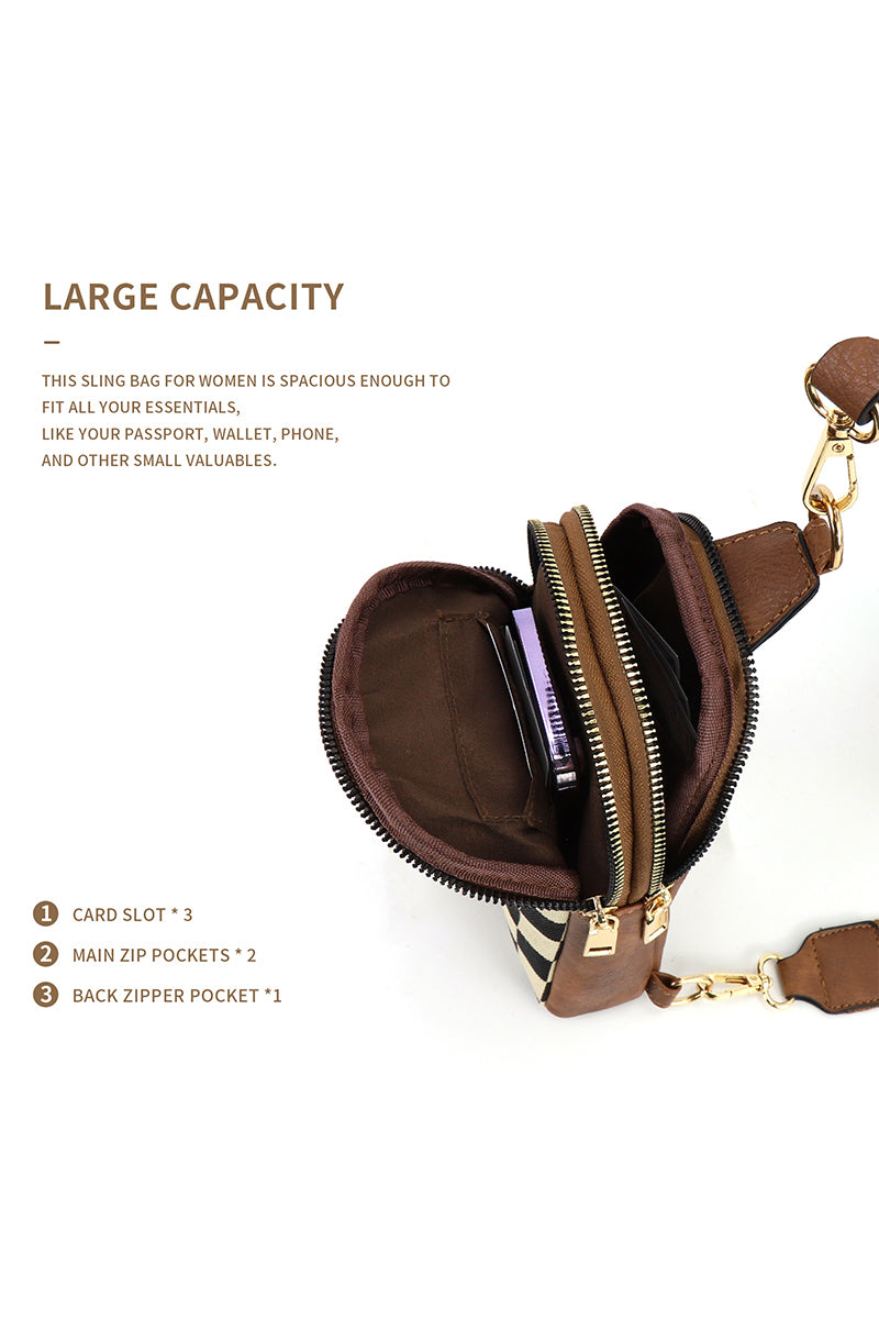 Brown sling bag with multiple pockets on a white background