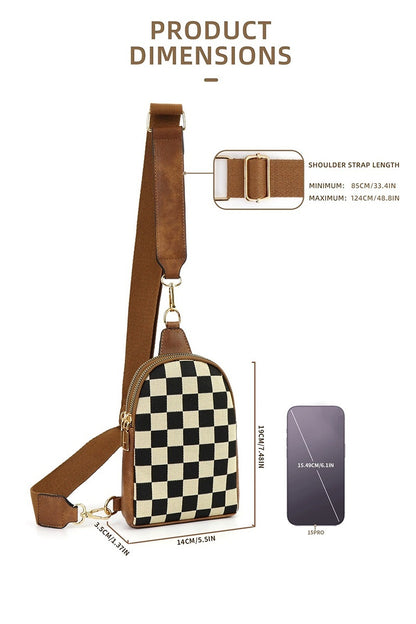 Product dimensions of a checkered bag with a brown strap and a phone case on a white background.