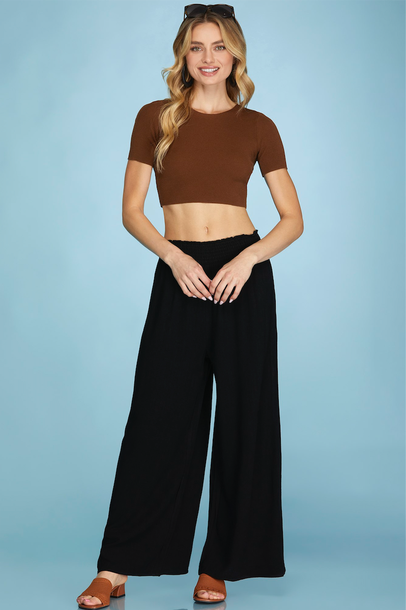 Woman wearing a brown crop top and black wide-leg pants on a light blue background
