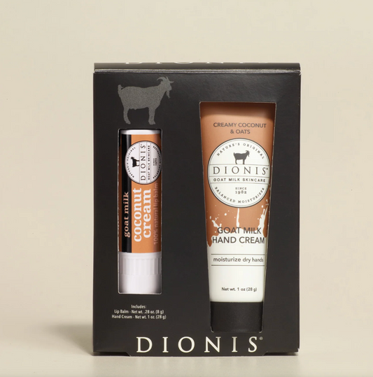 Dionis goat milk skincare products in a black box on a beige background