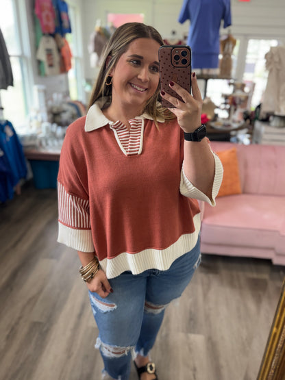 Cozy Chic Half Sleeve Sweater Top- Rust