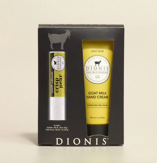 Dionis goat milk hand cream and lip balm set in packaging on a beige background