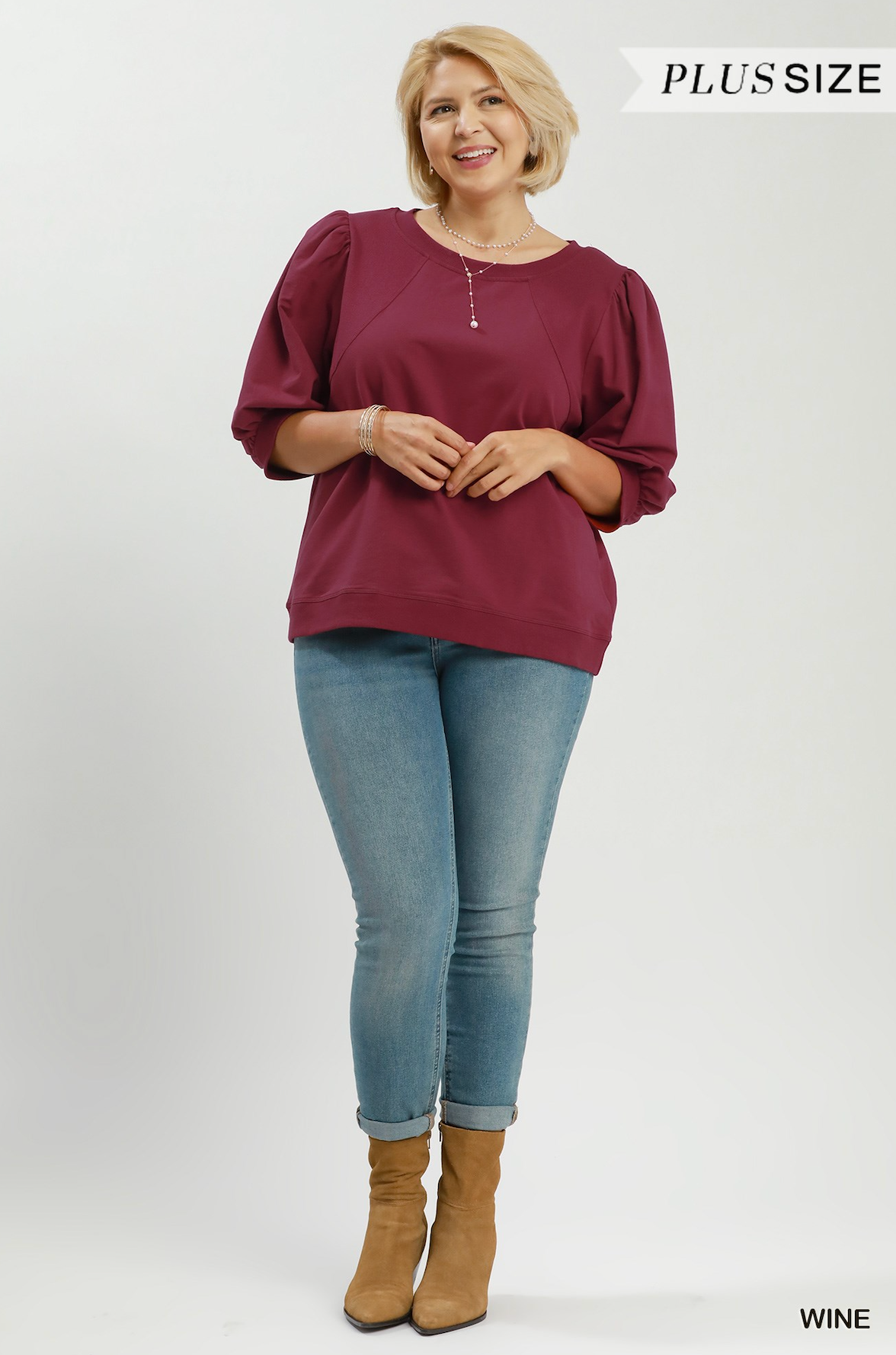 (S-2XL) Karlie Puff Sleeve Pullover Sweatshirt Top-Wine