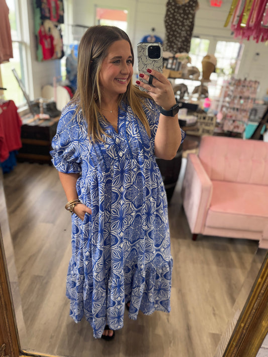 Em Abstract Print Collared Tiered Midi Dress