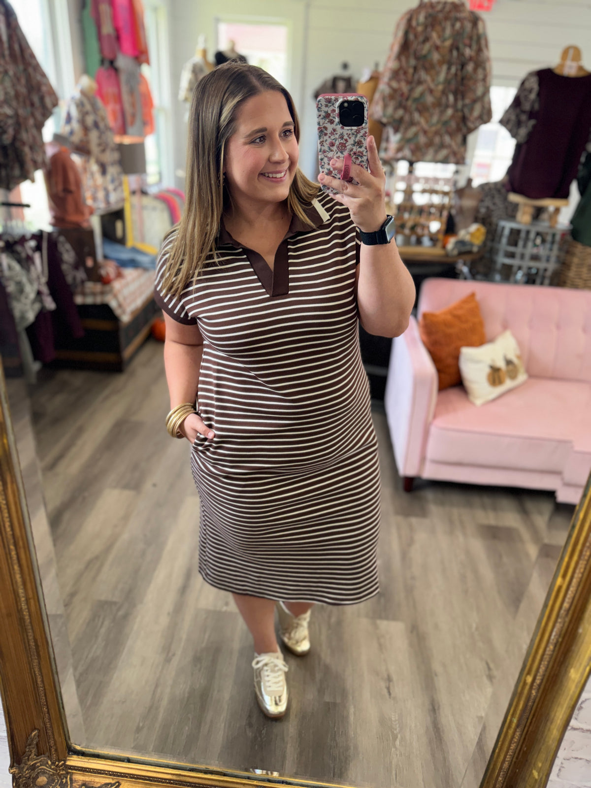 Striped Collared Pocket Midi Dress-Brown