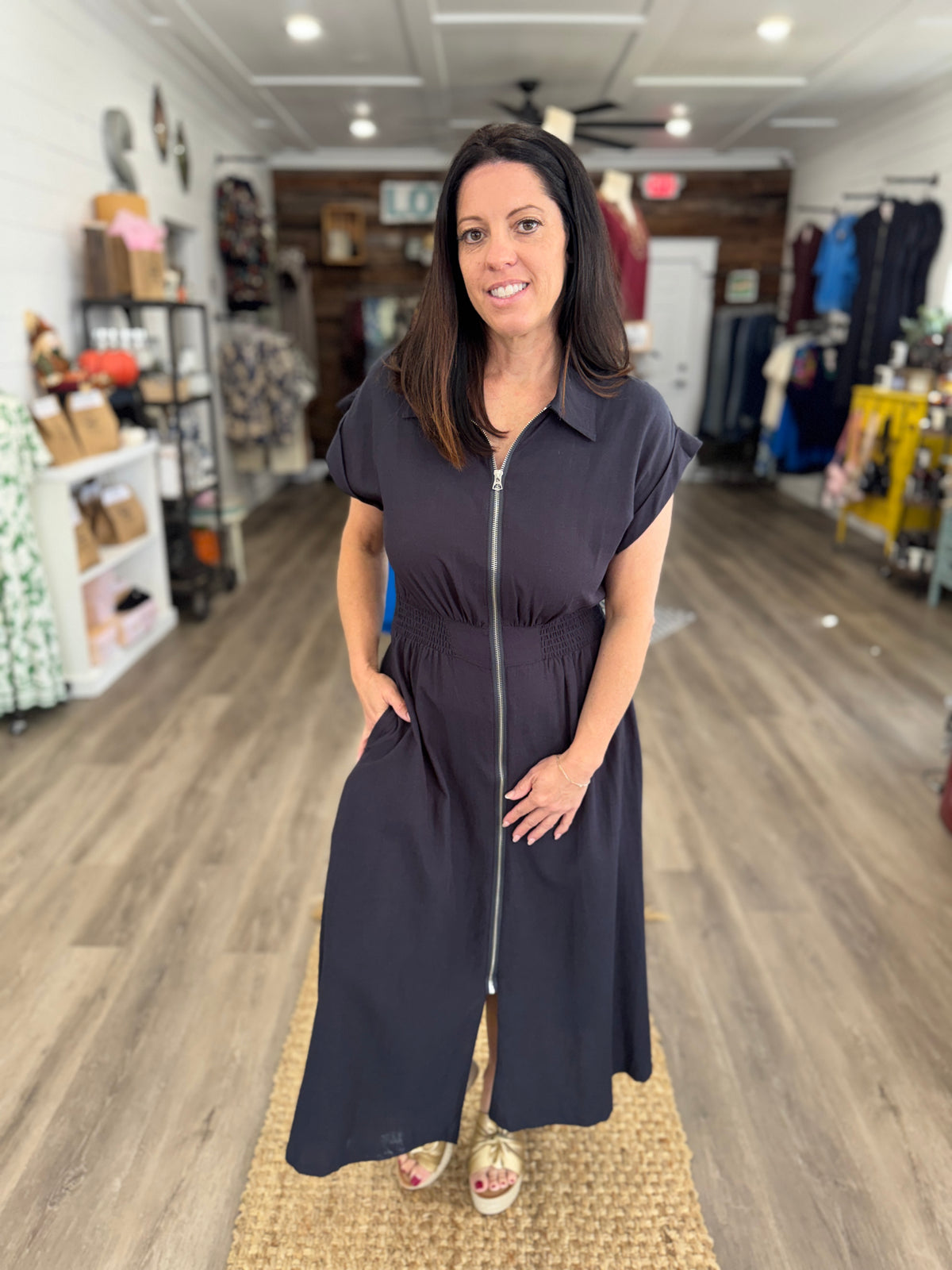 Rebecca Zip-Up Collared Pocket Midi Dress-Charcoal Navy