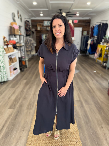Rebecca Zip-Up Collared Pocket Midi Dress-Charcoal Navy