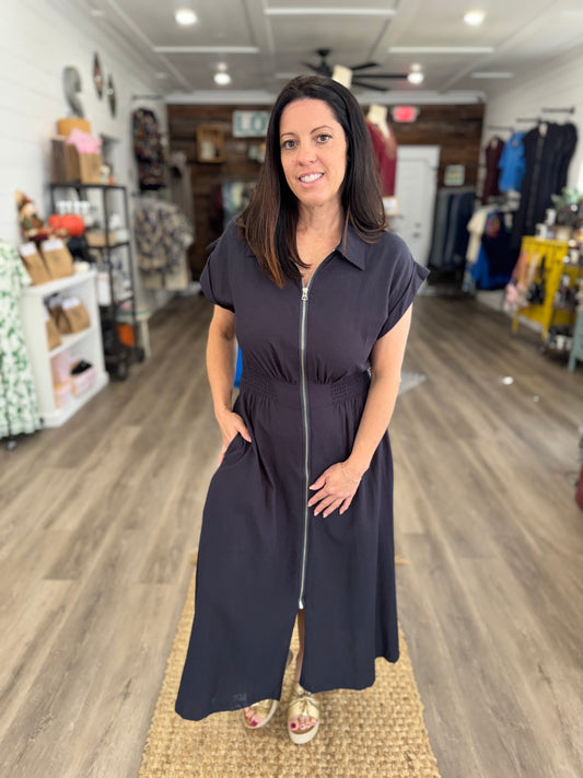 Rebecca Zip-Up Collared Pocket Midi Dress-Charcoal Navy