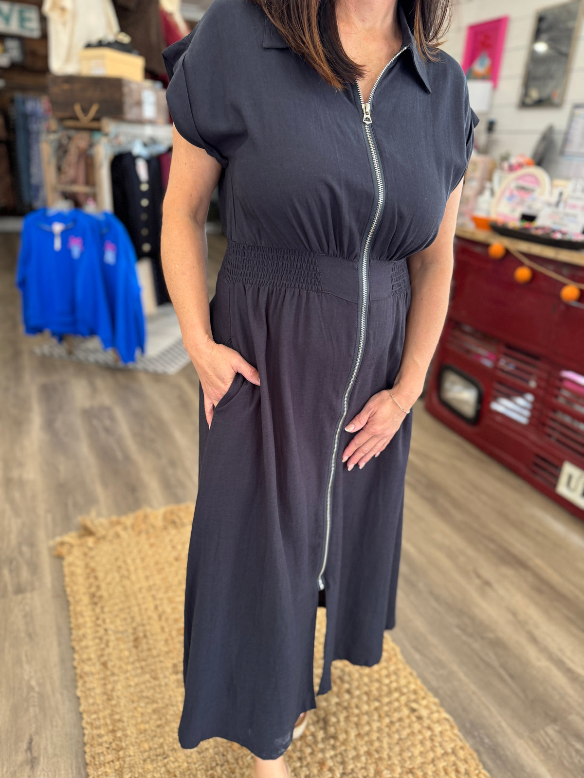 Rebecca Zip-Up Collared Pocket Midi Dress-Charcoal Navy