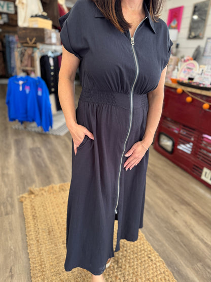 Rebecca Zip-Up Collared Pocket Midi Dress-Charcoal Navy