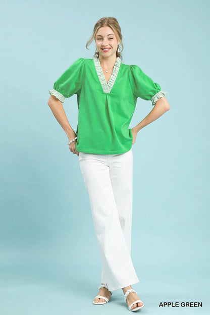 Alana Ruffle Trim Puff Sleeve Top