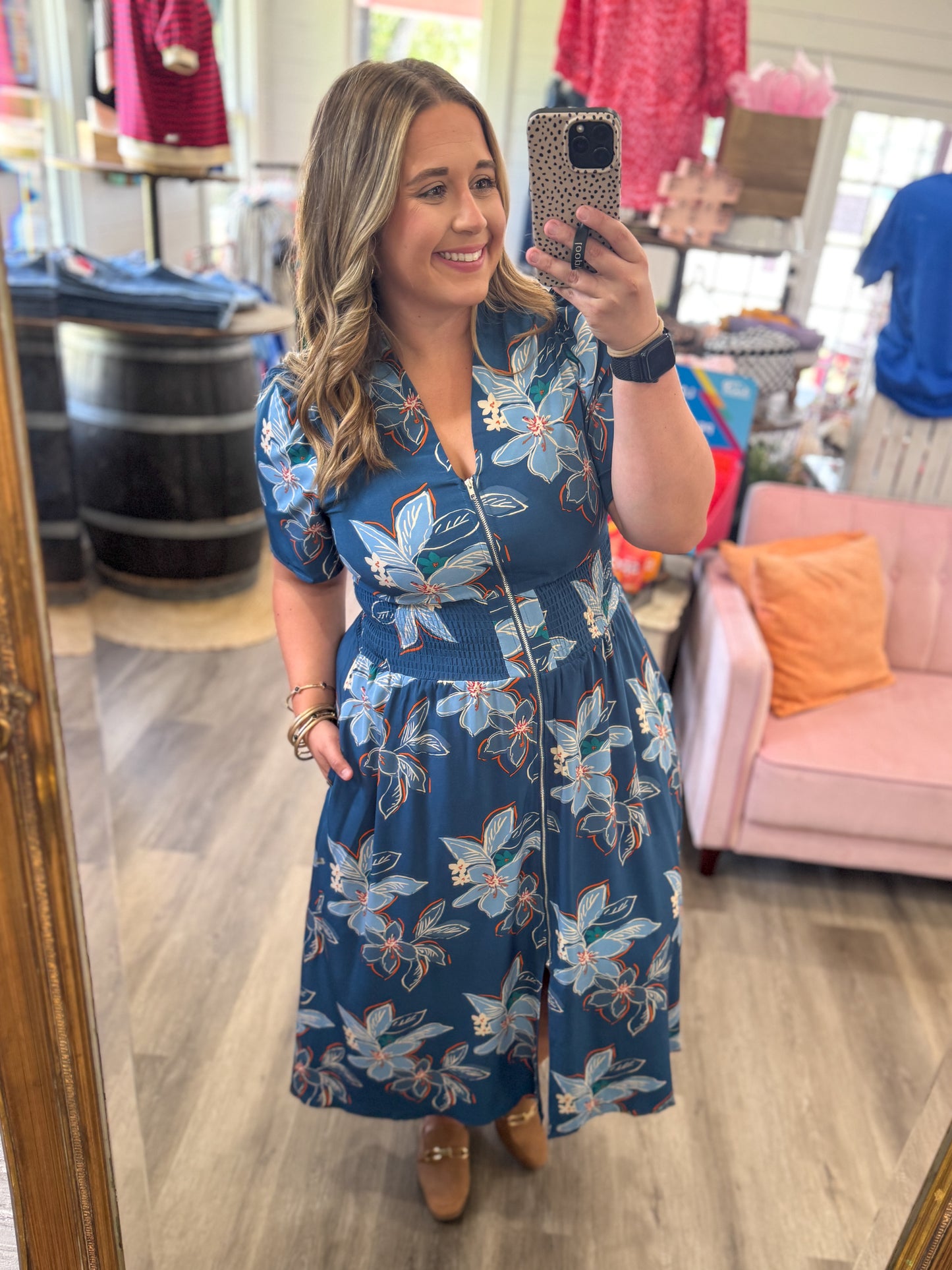 Betty Smocked Waist Front Zip Print Midi