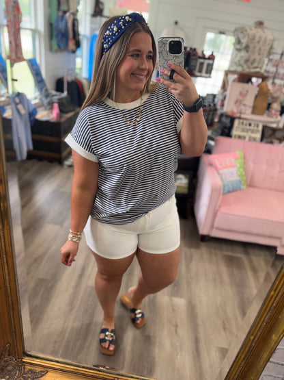 Jessica Stripe Contrast Rib Banded Top-Navy