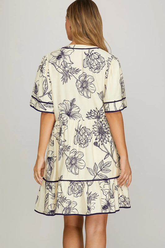 Jillian Piping Woven Print Tiered Dress