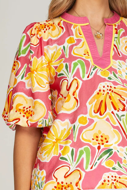 Kendall V-Neck Floral Print Top-Pink