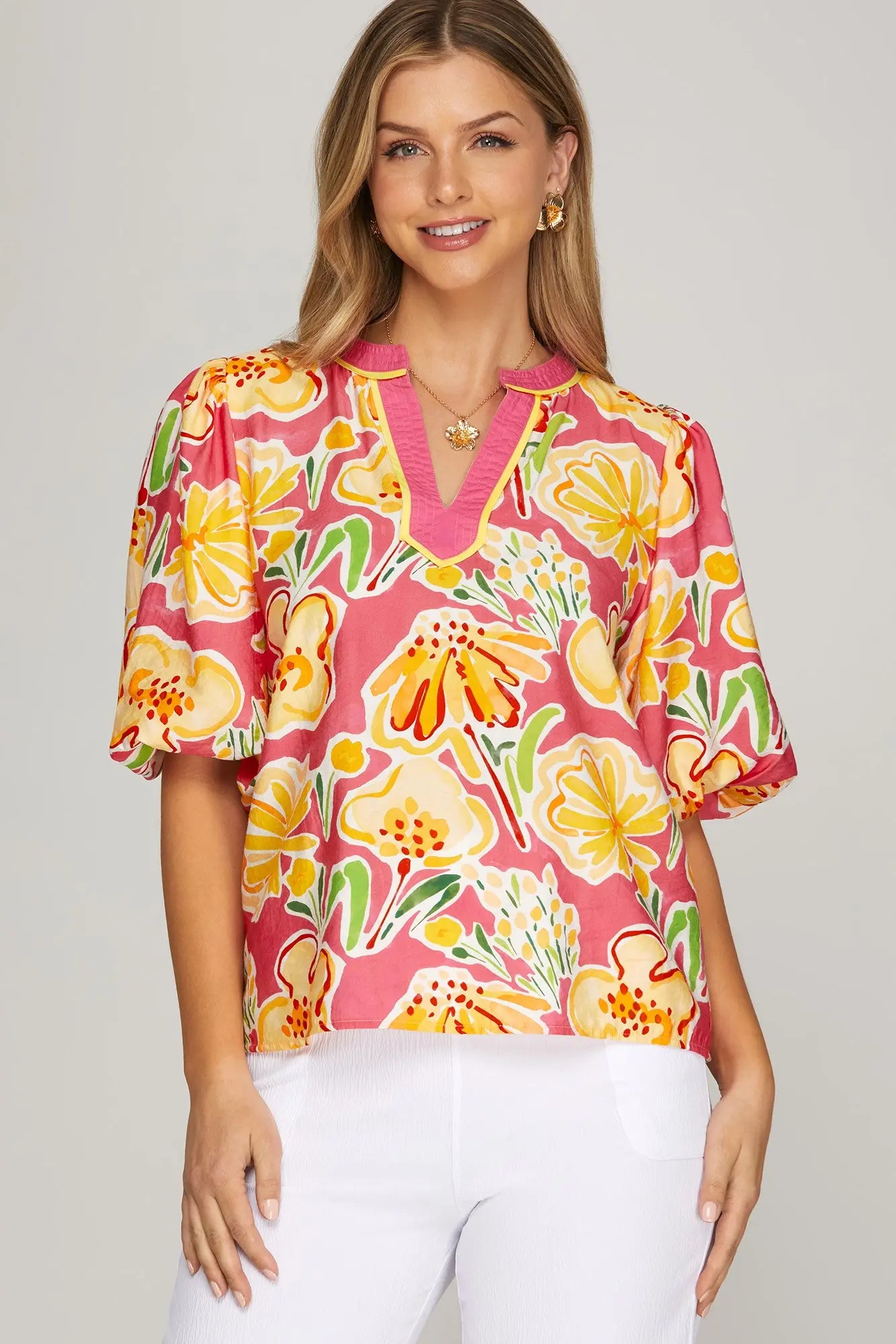 Kendall V-Neck Floral Print Top-Pink