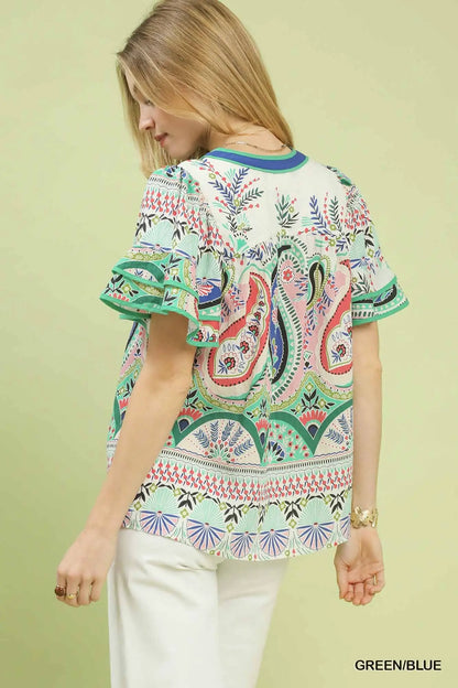 Andrea Paisley Print Ruffle Sleeve Blouse