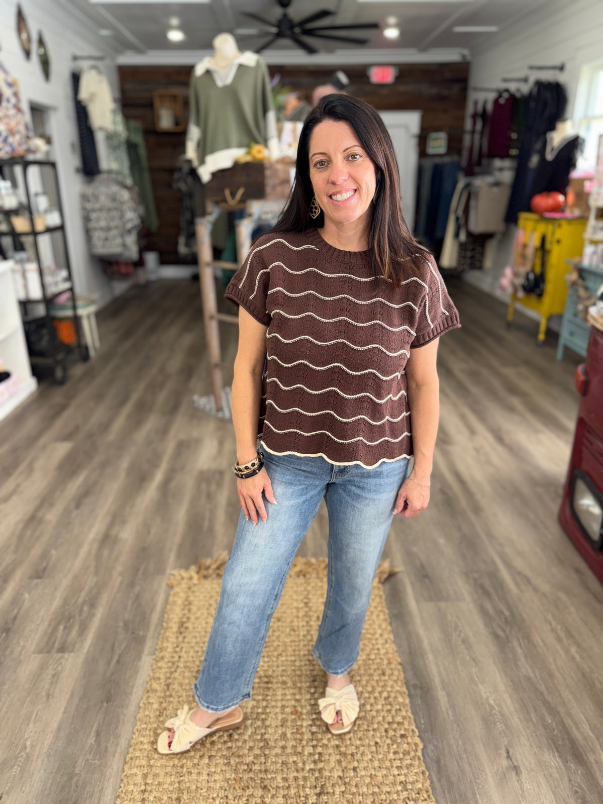 Bree Scallop Stripe Sweater-Brown
