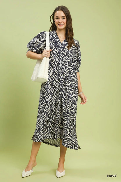 Lacey Printed Puff Sleeve Midi Dress with Pockets