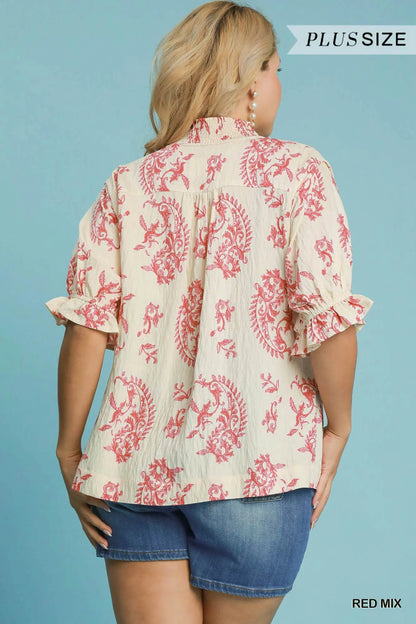 Sarah Paisley Print V-Neck Top-Red