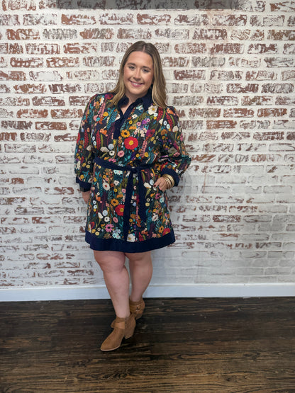 Floral Print Belted Puff Sleeve Dress