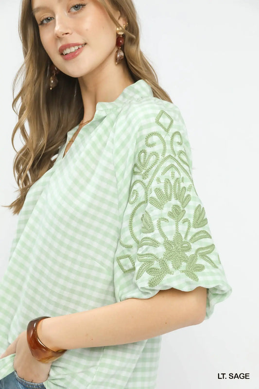 Monica Gingham Embroidered Balloon Sleeve Top