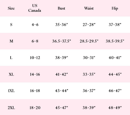 Size chart for clothing with measurements in US and Canada sizes.
