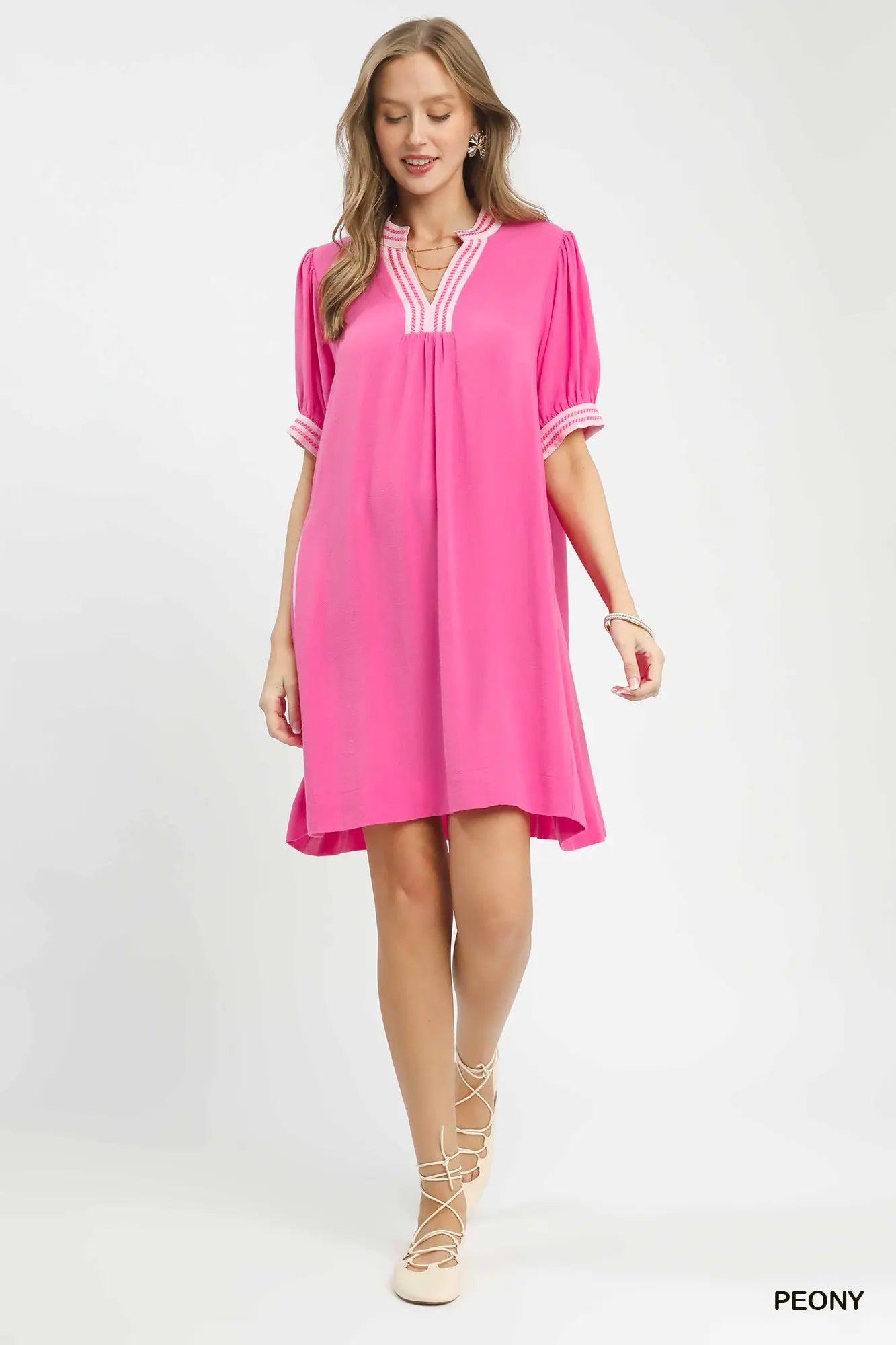 Makayla Linen Contrast Trim Puff Sleeve Dress