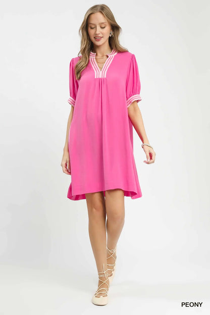 Makayla Linen Contrast Trim Puff Sleeve Dress