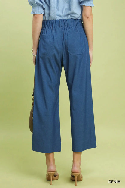 Tina Denim Wide Leg Crop Pants with Front Pockets