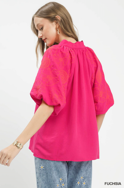 Elise Embroidered Sleeve V-Neck Boho Blouse