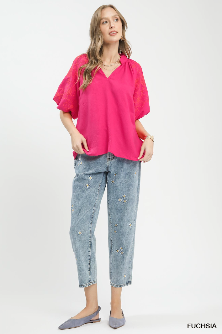 Elise Embroidered Sleeve V-Neck Boho Blouse