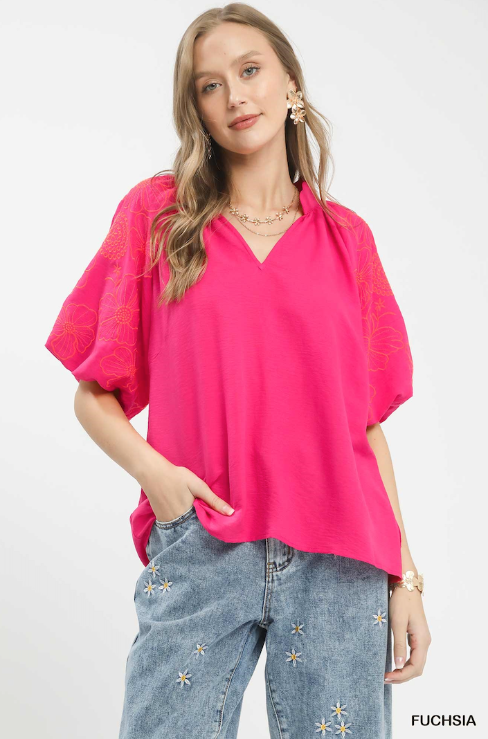 Elise Embroidered Sleeve V-Neck Boho Blouse